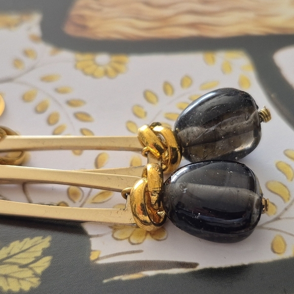Modern Gold and Black Dangle Earrings with Geometric Design And Black Drop - Picture 2 of 5